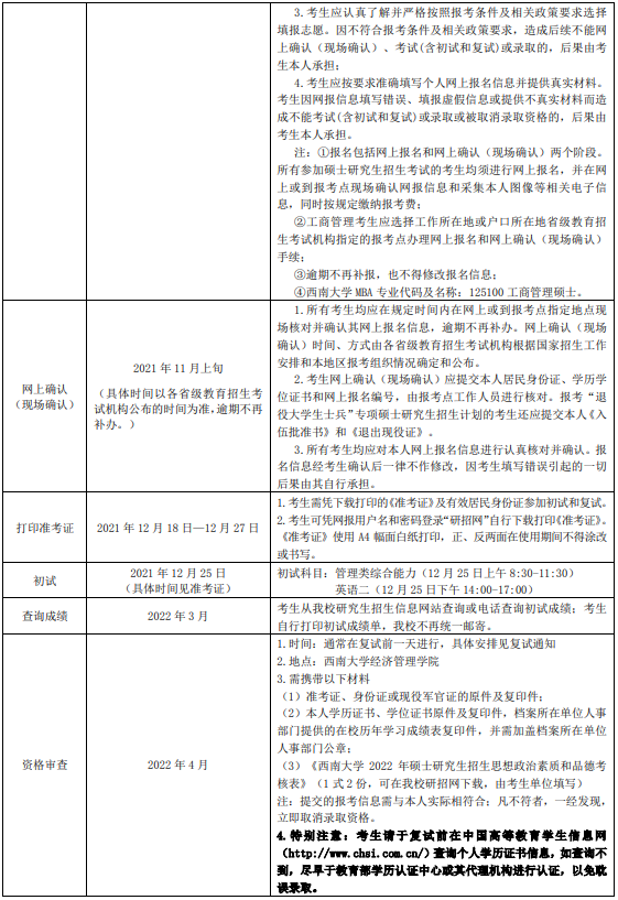 2022年西南大學工商管理碩士（MBA）招生簡章